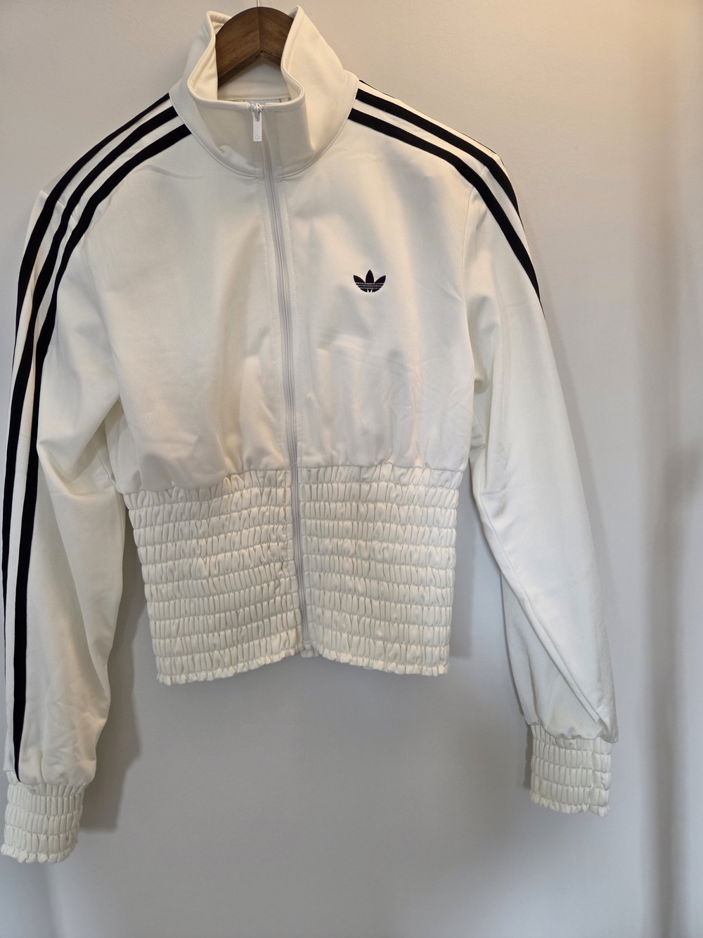 Adidas Women’s White Track Jacket with Black Stripes and Smoked Waisit Design